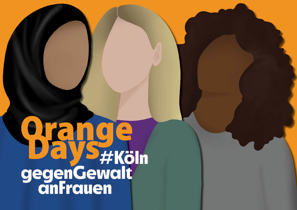 Drei gezeichnete Frauen hinter der Aktion Orange Days #Köln gegen Gewalt an Frauen
