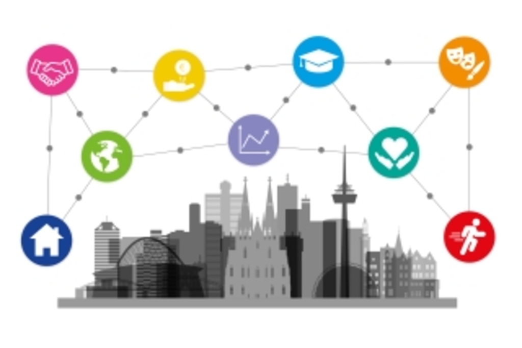 Köln Skyline mit verschiedenen Symbolen für eine vielfältige Stadt, Link auf Angebotsverzeichnis für Senior*innen und Menschen mit Behinderungen - Stadt Köln