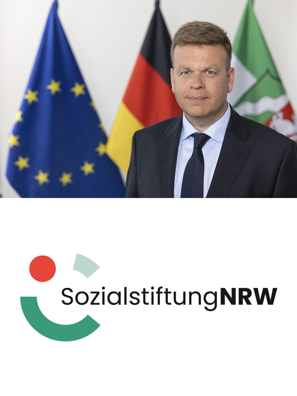 Bild oben: Porträt von Matthias Heidmeier, Bild unten: Logo der Stiftung Wohlfahrtspflege