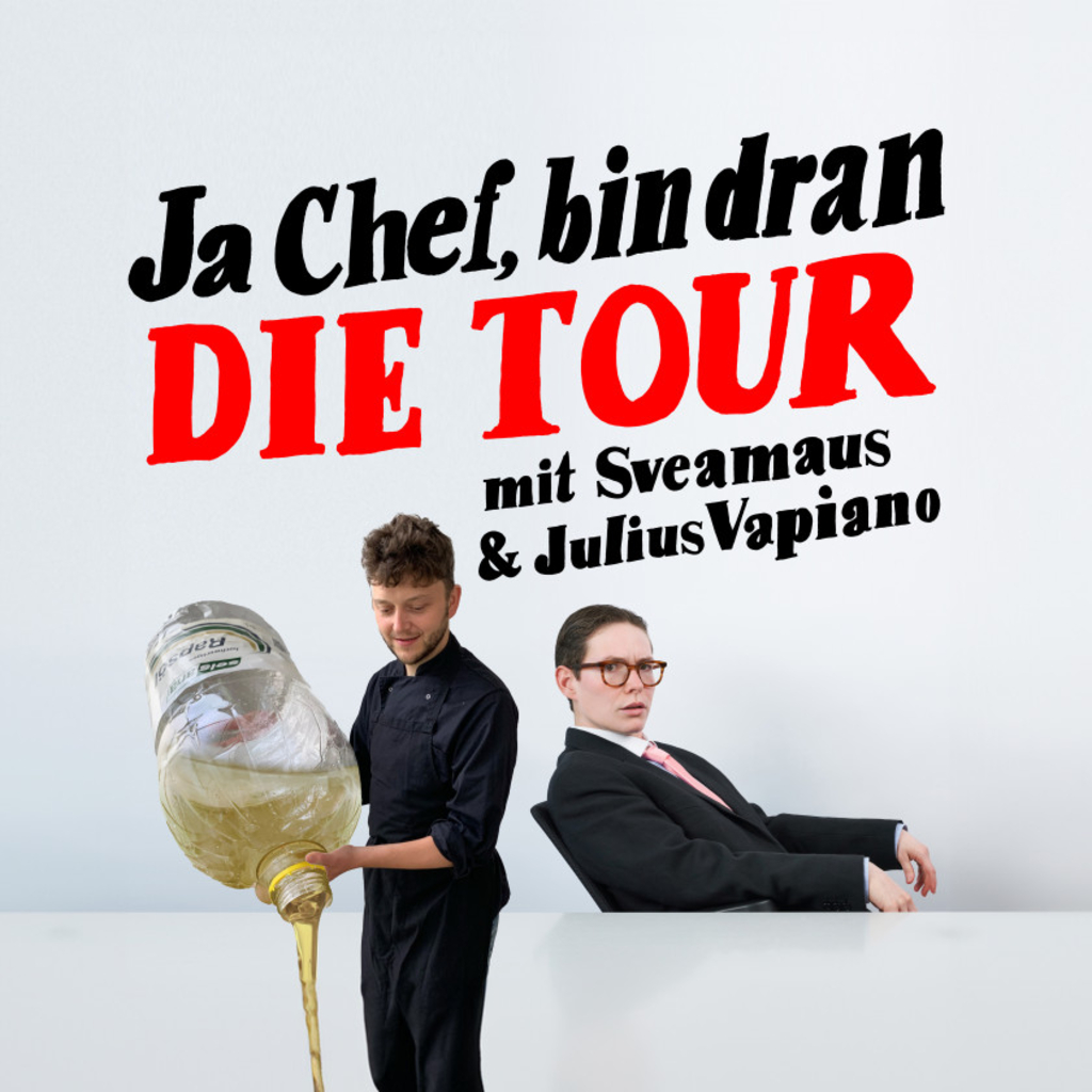 Tour-Plakat "Ja Chef, ich bin dran"; Die beiden Künster*innen sind im Anzug gekleidet abgebildet