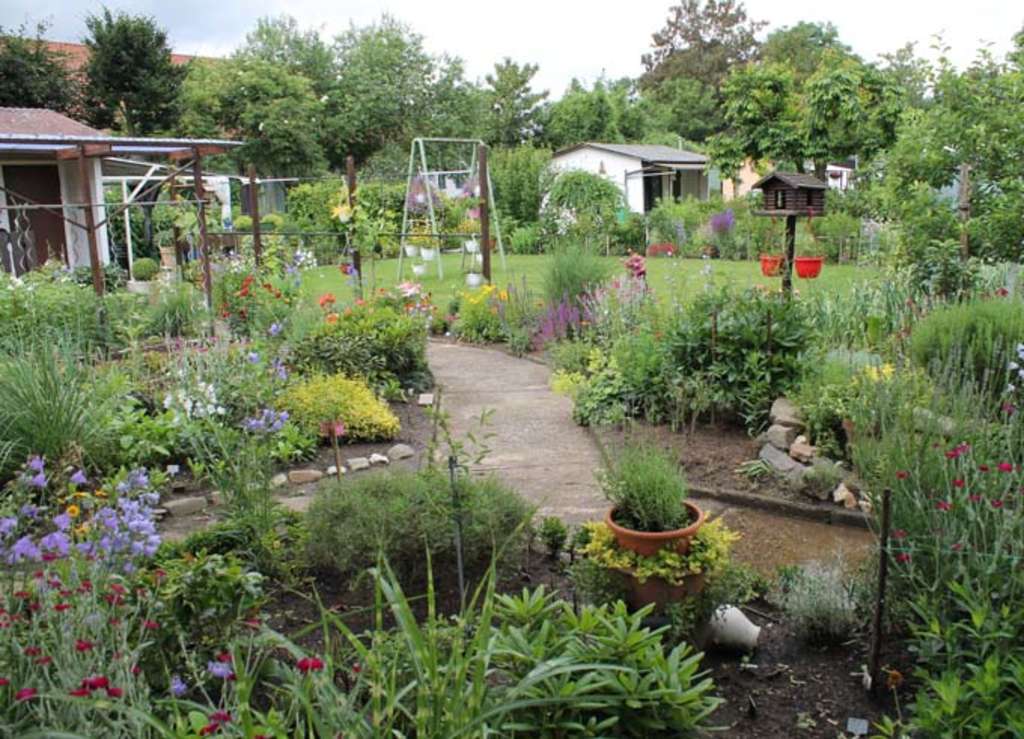 Gartenanlage mit kleinen Häuschen in einer Kleingartenanlage