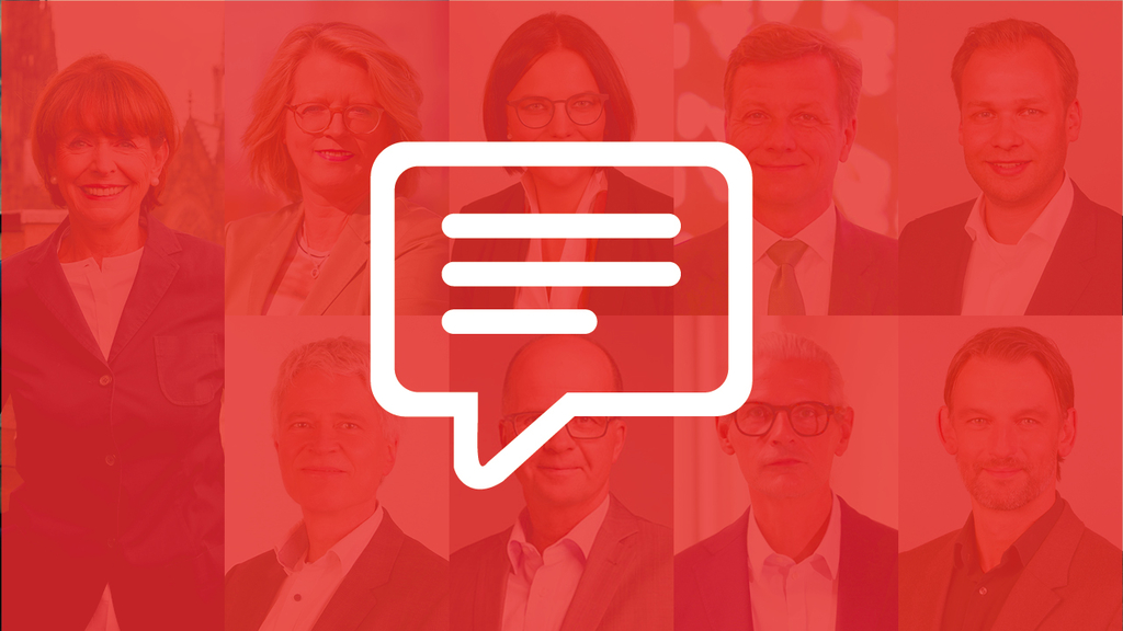 Eine Sprechblase mit angedeuteten Zeilen vor Porträts der Mitglieder des Verwaltungsvorstands, Link auf Unsere Beigeordneten zur Jahresbilanz 2021