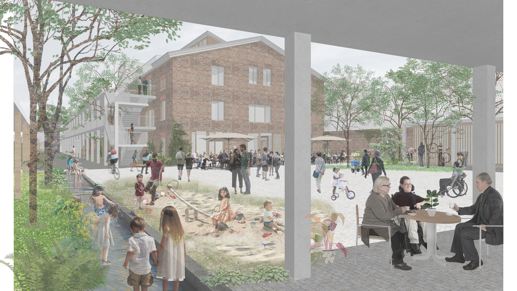 3D Darstellung des Konzepts: Diverse Personen befinden sich auf einem Platz vor Gebäuden
