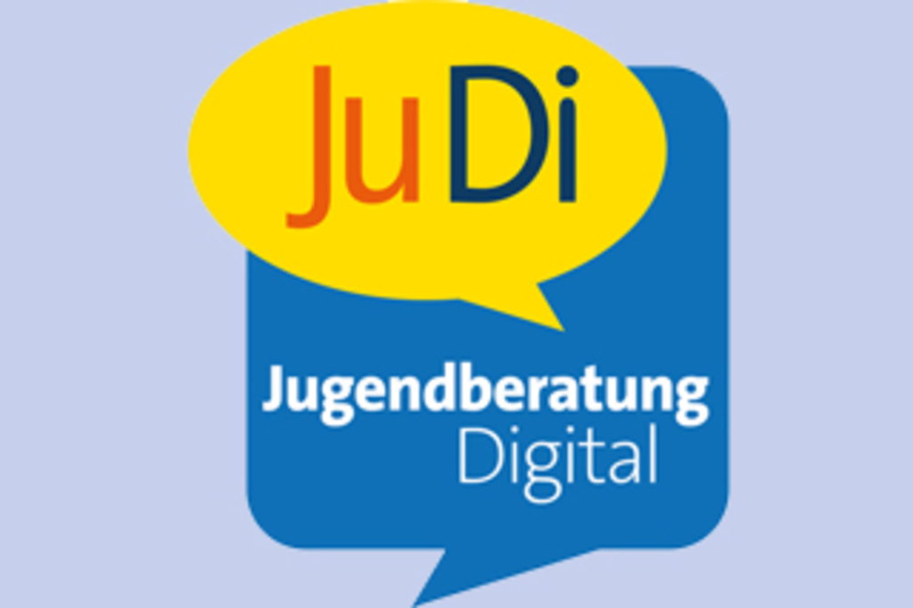 Logo mit einer gelben Sprechblase und dem Schriftzug JuDi, darunter der Schriftzug Jugendberatung Digital, Link auf Onlineberatung
