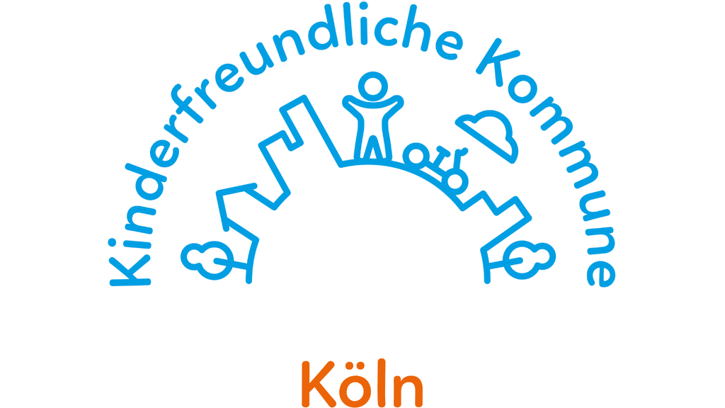 Schriftzug Kinderfreundliche Kommune Köln. Dazwischen ist eine Zeichnung mit Häusern, Bäumen und einer Figur., Link auf Kinderfreundliche Kommune
