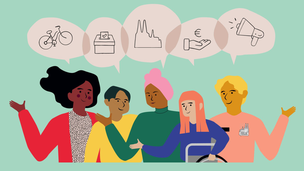 Illustration einer Menschengruppe mit Ideen in Sprechblasen.