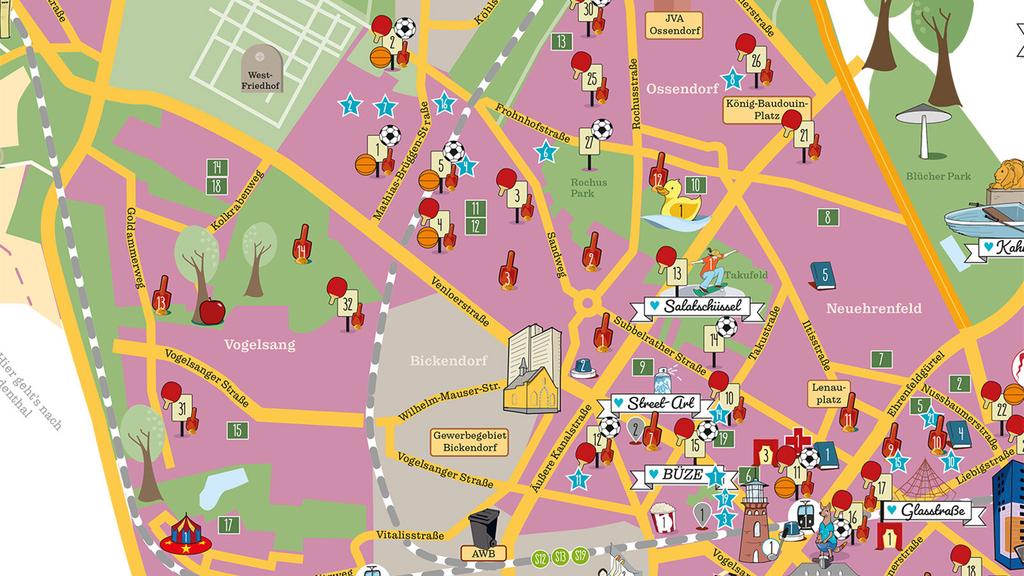 Auszug aus dem Kinderstadtplan mit Grünflächen, Straßen, Spielplätzen und Symbolen für weitere interessante Orte im Stadtbezirk Ehrenfeld