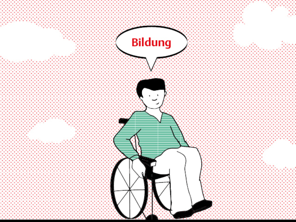 Illustration eines Jungen im Rollstuhl sitzend, darüber die Sprechblase Bildung.