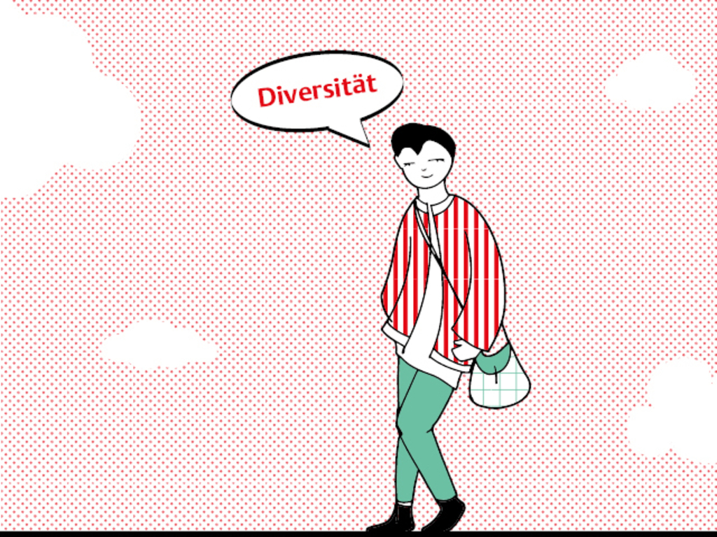Illustration einer jungen Person in Streifenjacke, darüber die Sprechblase Diversität.