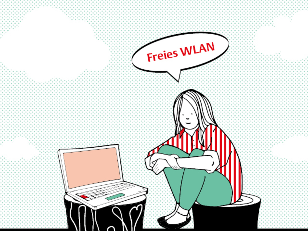 Illustration einer jungen Person auf einem Hocker sitzend. Auf einem weiteren Hocker steht ein Notebook. Darüber die Sprechblase Freies WLAN.