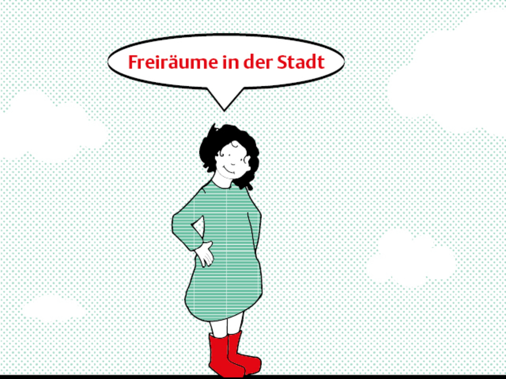 Illustration eines jungen Mädchens mit Kleid und Gummistiefeln. Darüber die Sprechblase Freiräume in der Stadt.