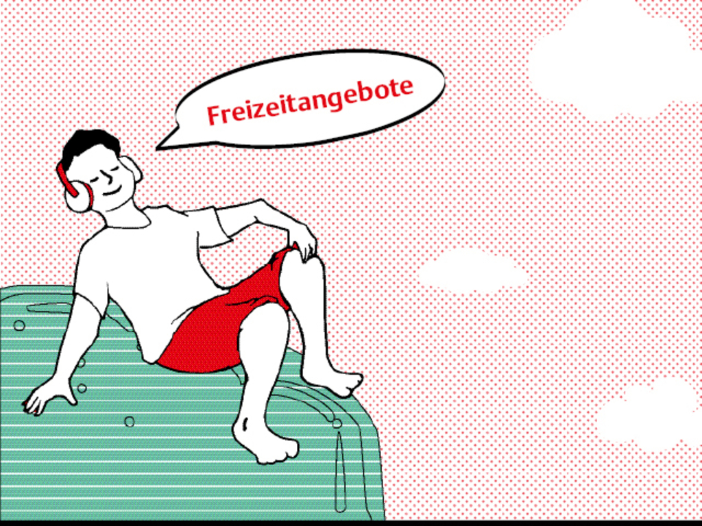 Illustration eines entspannt aussehenden Jungen, mit Kopfhörer. Darüber die Sprechblase Freizeitangebote.