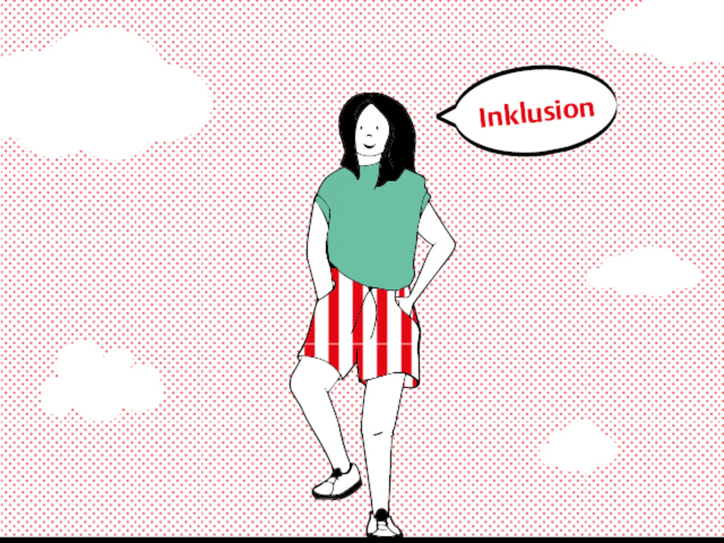 Illustration einer jungen Frau in kurzer Hose. Darüber die Sprechblase Inklusion.