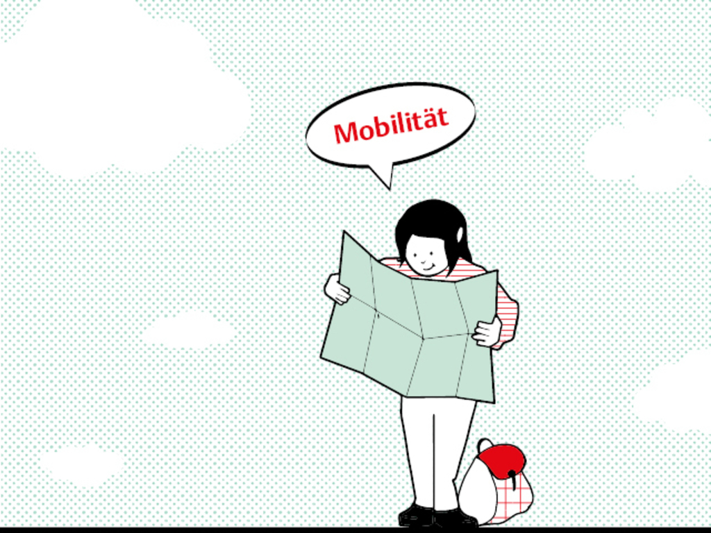 Illustration einer jungen Frau mit Stadtplan in der Hand. Auf dem Boden steht ein Rucksack. Darüber die Sprechblase Mobilität.
