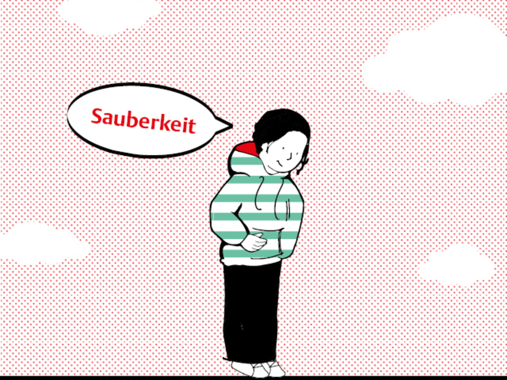 Illustration einer jungen Person auf den Boden schauend. Darüber die Sprechblase Sauberkeit.
