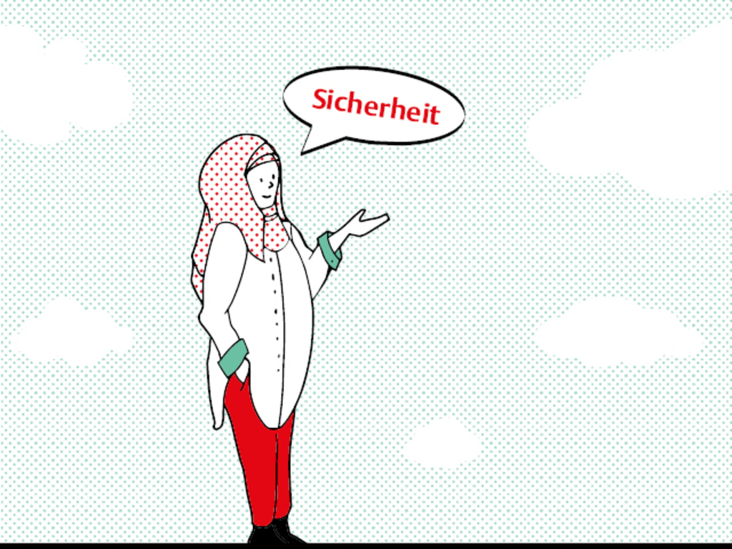 Illustration einer jungen Frau mit Kopftuch. Darüber die Sprechblase Sicherheit.