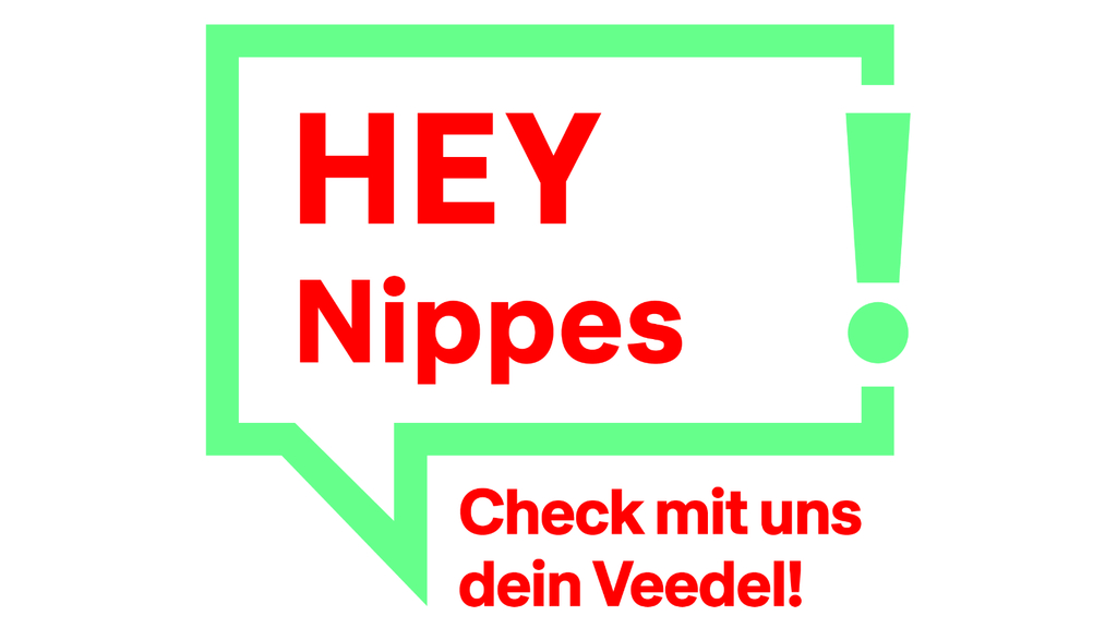 Logo-Text in roter Schrift mit türkisem Rahmen: HEY Nippes - Check mit uns dein Veedel!