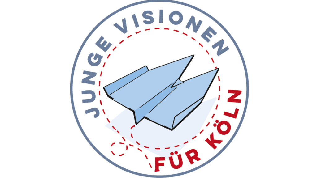 Abbildung eines fiktiven Papierfliegers um diesen herum steht der Schriftzug Junge Visionen für Köln