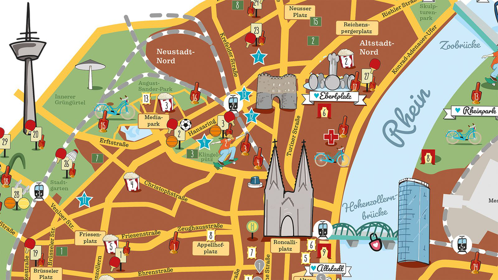 Auszug aus dem Kinderstadtplan mit Grünflächen, Straßen, Spielplätzen und Symbolen für weitere interessante Orte im Stadtbezirk Innenstadt