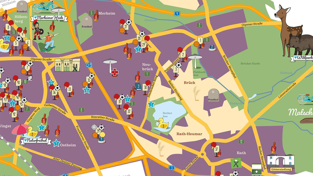 Auszug aus dem Kinderstadtplan mit Grünflächen, Straßen, Spielplätzen und Symbolen für weitere interessante Orte im Stadtbezirk Kalk