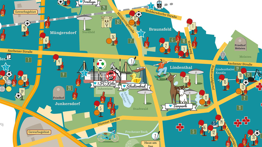 Auszug aus dem Kinderstadtplan mit Grünflächen, Straßen, Spielplätzen und Symbolen für weitere interessante Orte im Stadtbezirk Lindenthal