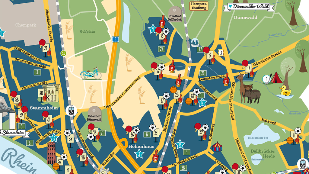 Auszug aus dem Kinderstadtplan mit Grünflächen, Straßen, Spielplätzen und Symbolen für weitere interessante Orte im Stadtbezirk Mülheim
