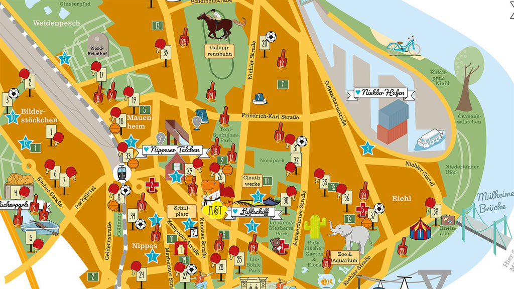 Auszug aus dem Kinderstadtplan mit Grünflächen, Straßen, Spielplätzen und Symbolen für weitere interessante Orte im Stadtbezirk Nippes