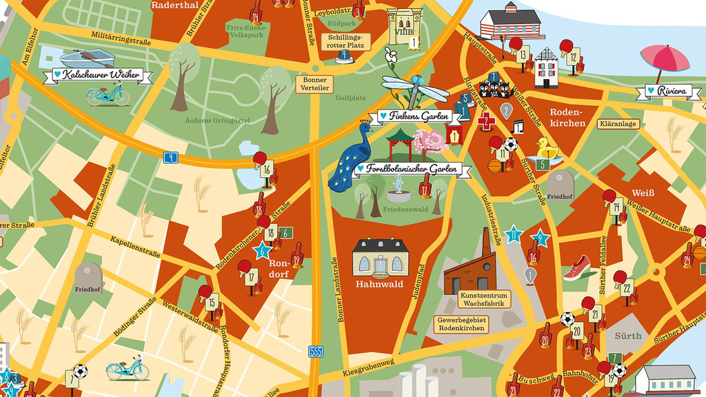 Auszug aus dem Kinderstadtplan mit Grünflächen, Straßen, Spielplätzen und Symbolen für weitere interessante Orte im Stadtbezirk Rodenkirchen