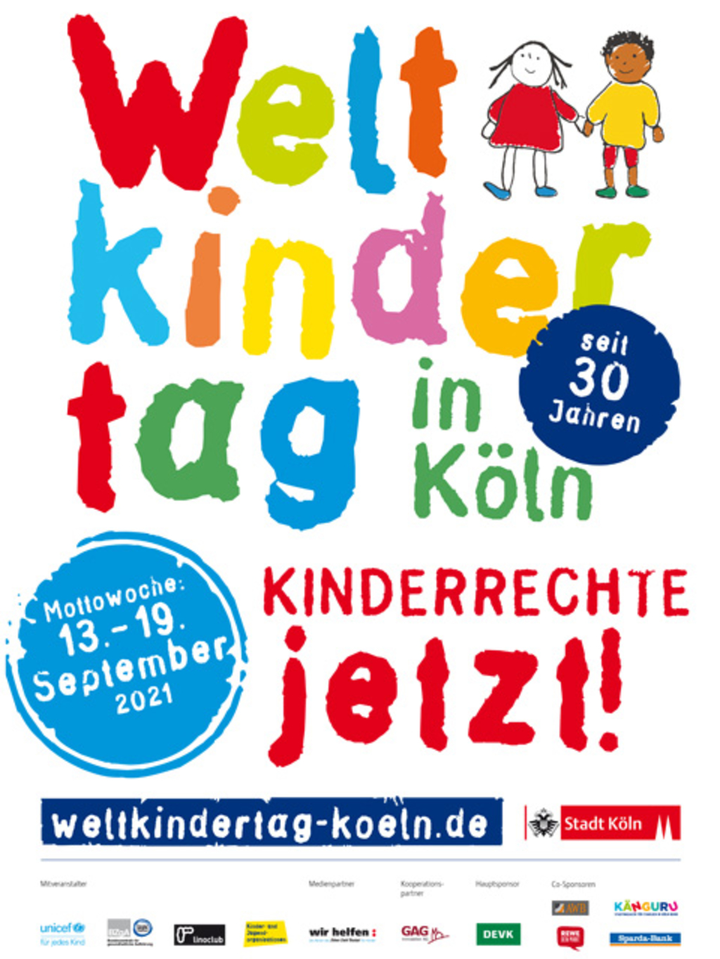 Schriftzug Weltkindertag seit 30 Jahren in Köln - Kinderrechte jetzt! Mottowoche vom 13. bis 19. September 2021