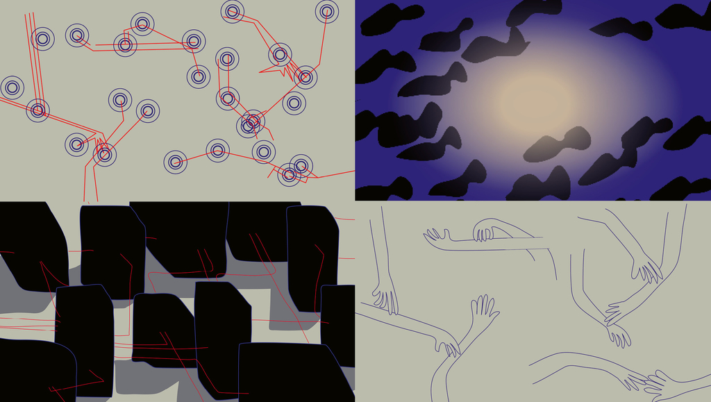 Abstraktes Bild in grau rot, blau, schwarz, gelb