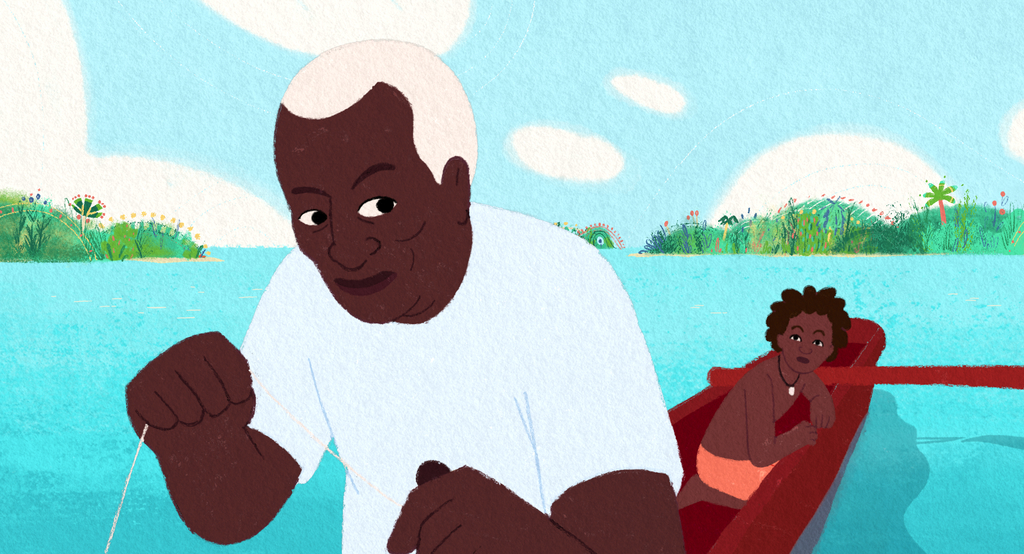 Zeichnung eines Mannes im Vordergrund und einer Frau im Hintergrund (beide POC). Sie befinden sich auf einem See in einem Boot. Der Mann hält eine Schnur in Händen. 