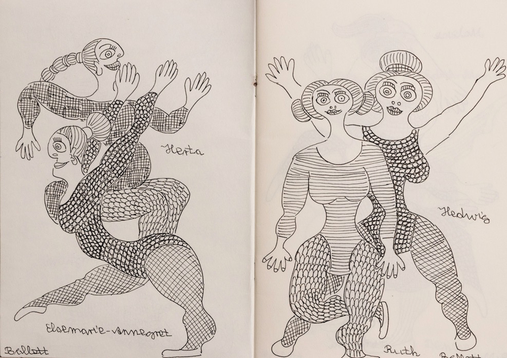 Zeichnung/Karikatur von Andreas Maus: 4 Tänzerinnen, daneben handschriftlich die Namen: Herta, Elsemarie-Annegret, Hedwig, Ruth; unten links handschriftlich der Schriftzug "Ballett" 