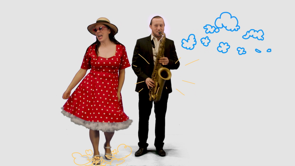 Frau im roten Kleid, Mann mit Saxophon