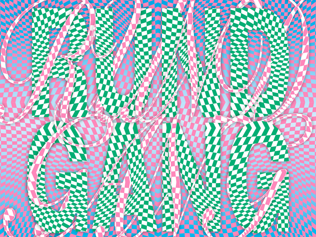 Dreidimensionales Bild mit Schriftzug "Rundgang"; im Schachbrett-Muster in den Farben Rosa, Grün, Blau, Weiß