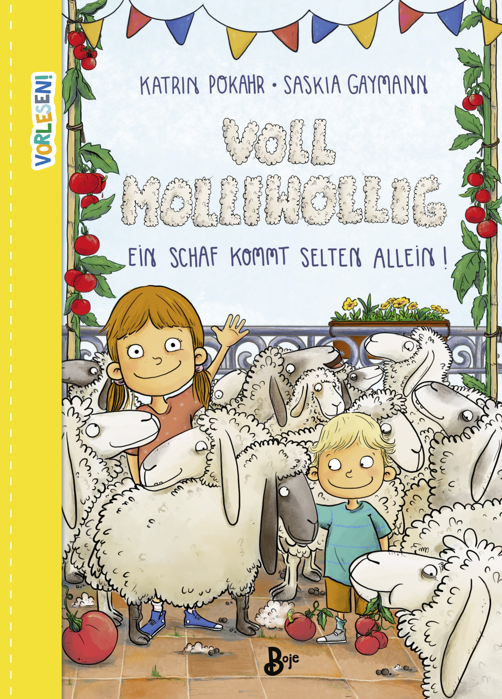Buchcover: Voll molligwollig – Ein Schaf kommt selten allein. Darauf die Zeichnung eines Mädchens und eines Jungen umringt von mehreren Schafen. Auf dem Boden und an den Seiten sieht man Tomaten. 