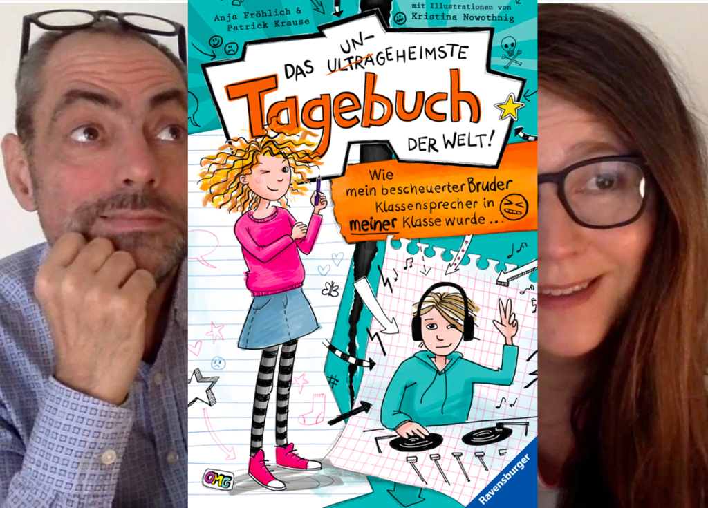 Buchcover: "Das Ungeheimste Tagebuch der Welt – Wie mein bescheuerter Bruder Klassensprecher in meiner Klasse wurde..."; Illustration von Kristina Nowothnig mit einem Mädchen (Stift in der Hand) und einem Jungen (hinter einem Mischpult mit Plattenspielern). Das Mädchen trägt einen pinkfarbenen Pulli, einen Jeansrock, eine grau-schwarz geringelte Strumpfhose und pinke Schuhe. Der Junge trägt ein türkisfarbenes Sweatshirt und Kopfhörer. Er zeigt mit drei Fingern in die Höhe.