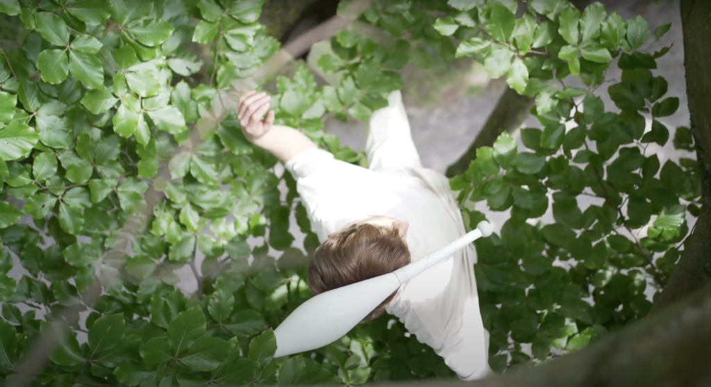 Jemand sitzt in einem Baum und hat einen Jonglierkegel auf dem Kopf liegen und breitet die Arme aus. Der Betrachter schaut von oben auf diese Person herab. 