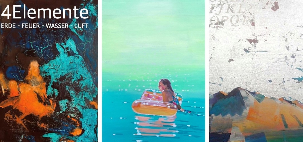 Drei Bilder nebeneinander mit der Überschrift "4 Elemente, Erde – Feuer – Wasser – Luft"