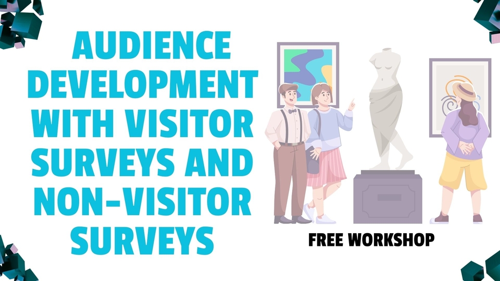 Schriftzug "Audience Development with visitor and surveys and non-visitor surveys" mit einer Grafik von Menschen, die ein Museum besichtigen
