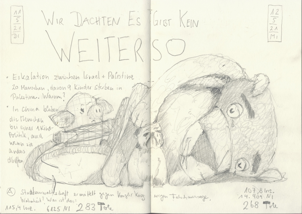 Illustration mit Bleistift traurige Tiergestalten Wir dachten Es Gibt Kein WEITER SO