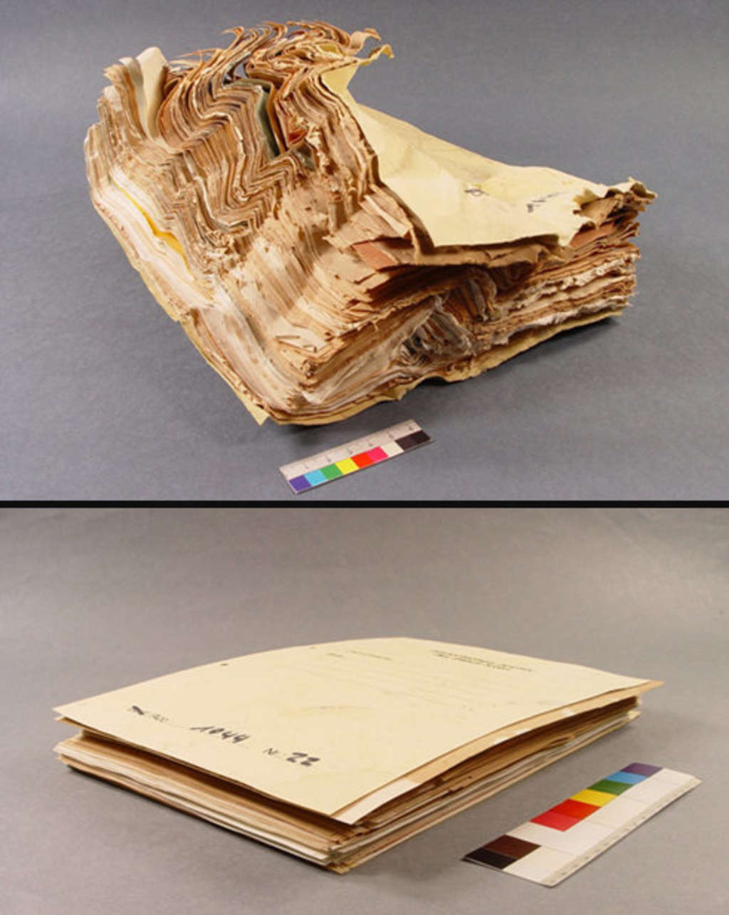 Verwaltungsakte von 1982 vor und nach der Restaurierung