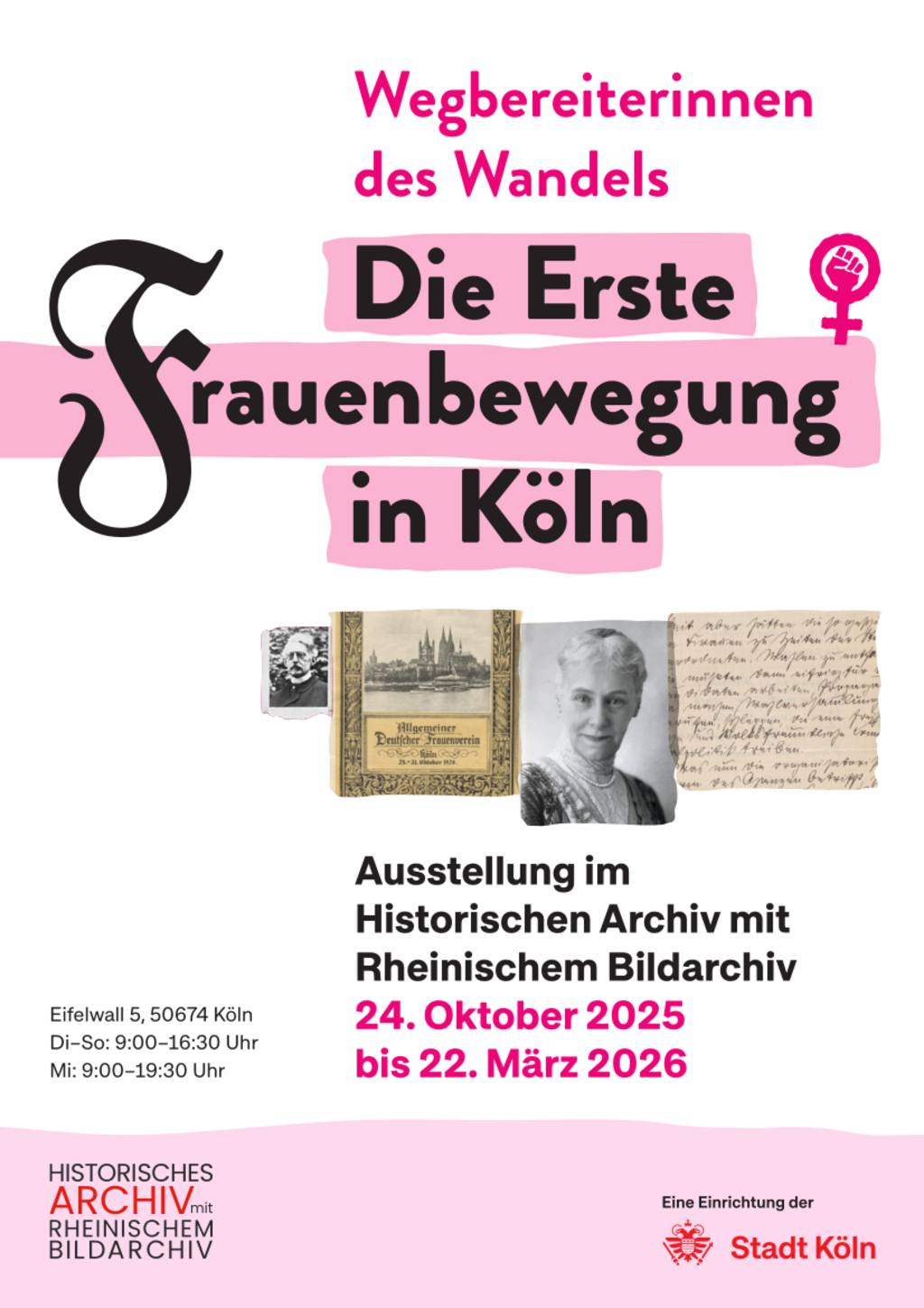 Plakat zu der Ausstellung "Die erste Frauenbewegung in Köln" vom Historischen Archiv mit Rheinischem Bildarchiv vom 24. Oktober 2025 bis 22. März 2026