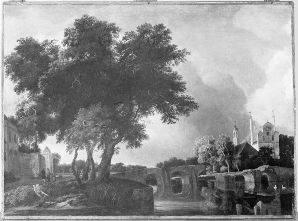 Art des Meindert Hobbema: Landschaft mit geborstener Brücke, RBA MF113662