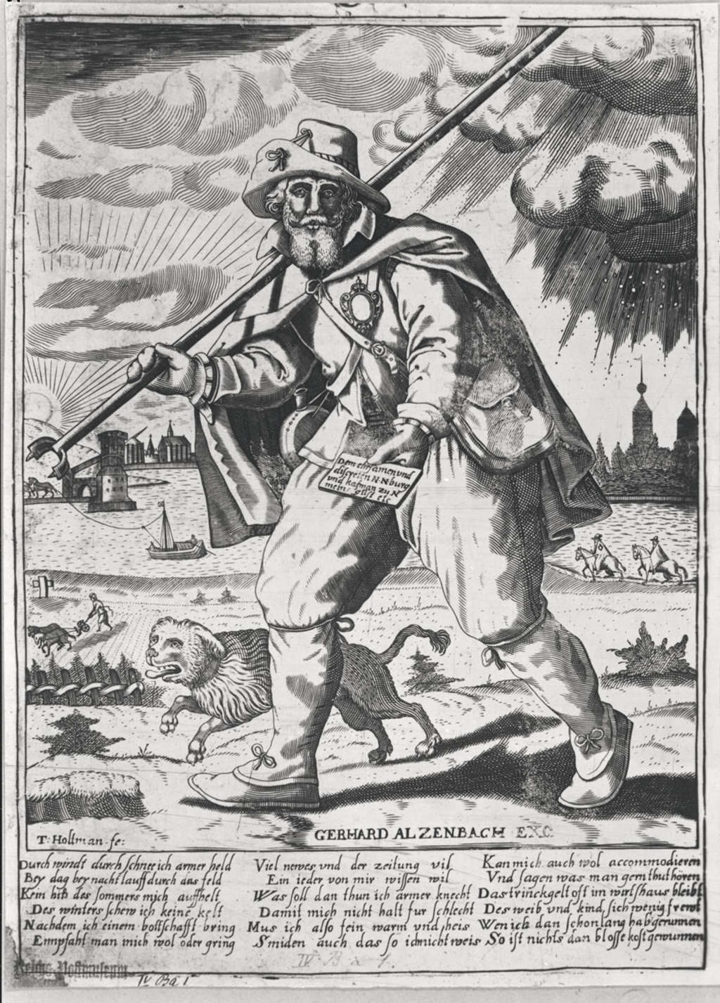 Kupferstich Fußbote mit Botenschild und Botenspieß vor Kölner Landschaft, 1615, Invertiertes Digitalisat von Repro-Planfilmnegativ RBA 156 313, 2020