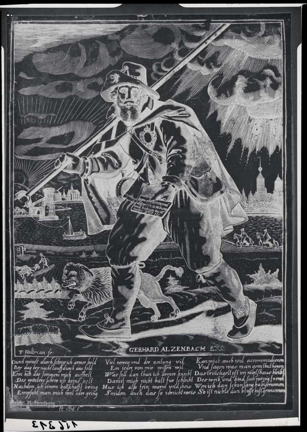 Kupferstich Fußbote mit Botenschild und Botenspieß vor Kölner Landschaft, 1615, Repro-Planfilmnegativ RBA 156313