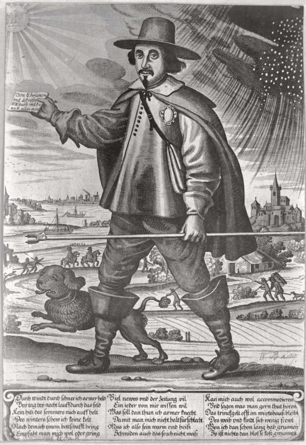Kupferstich eines Postboten vor Kölner Landschaft mit Botenschild und Botenspieß, um 1650, invertiertes Digitalisat eines Planfilmnegativs, Rheinische Bildarchiv 156321