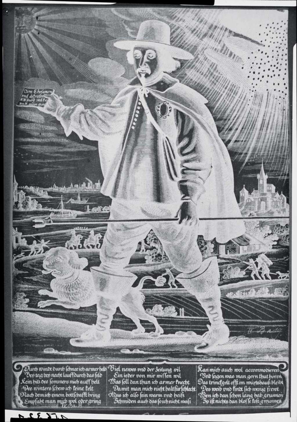 Kupferstich eines Postboten um 1650, Repro-Plannegativ