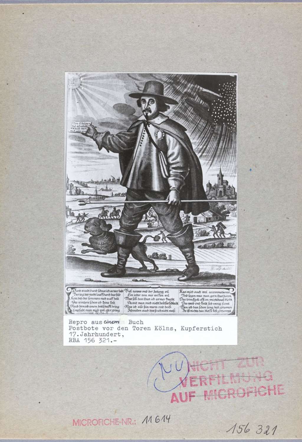 Kupferstich eines Postboten um 1650, Barytabzug vom Plannegativ