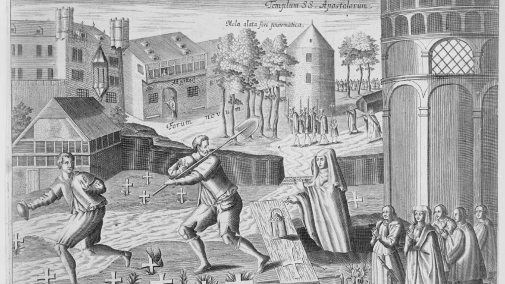 Bussemacher, Johann, Darstellung der Sage von Richmodis von Aducht. Darstellung der Totengräberszene auf dem Neumarkt, 1604, Kupferstich, Kölnisches Stadtmuseum, Graphische Sammlung, Köln