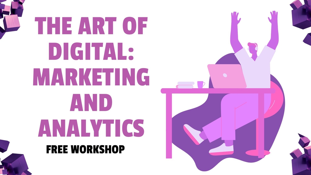 Schriftzug "The Art of digital Marketing and Analytics" mit einer Grafik von einer Person, die an einem Schreibtisch siitzt